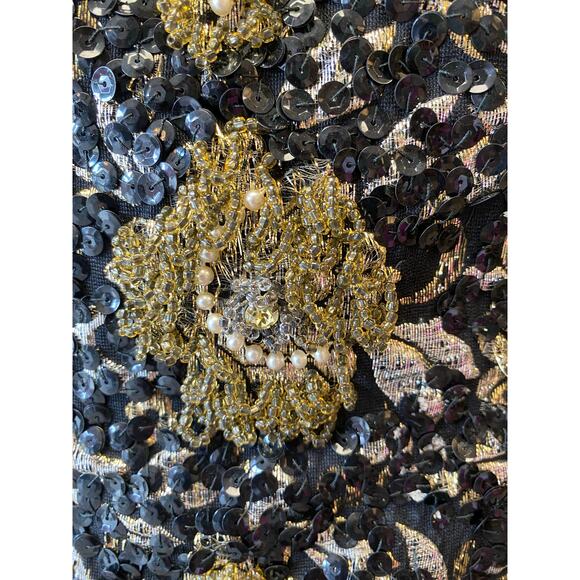 vintage 1960s black silk beaded maxi dress 60s formal gown metallic eyelash xs - Picture 3 of 10